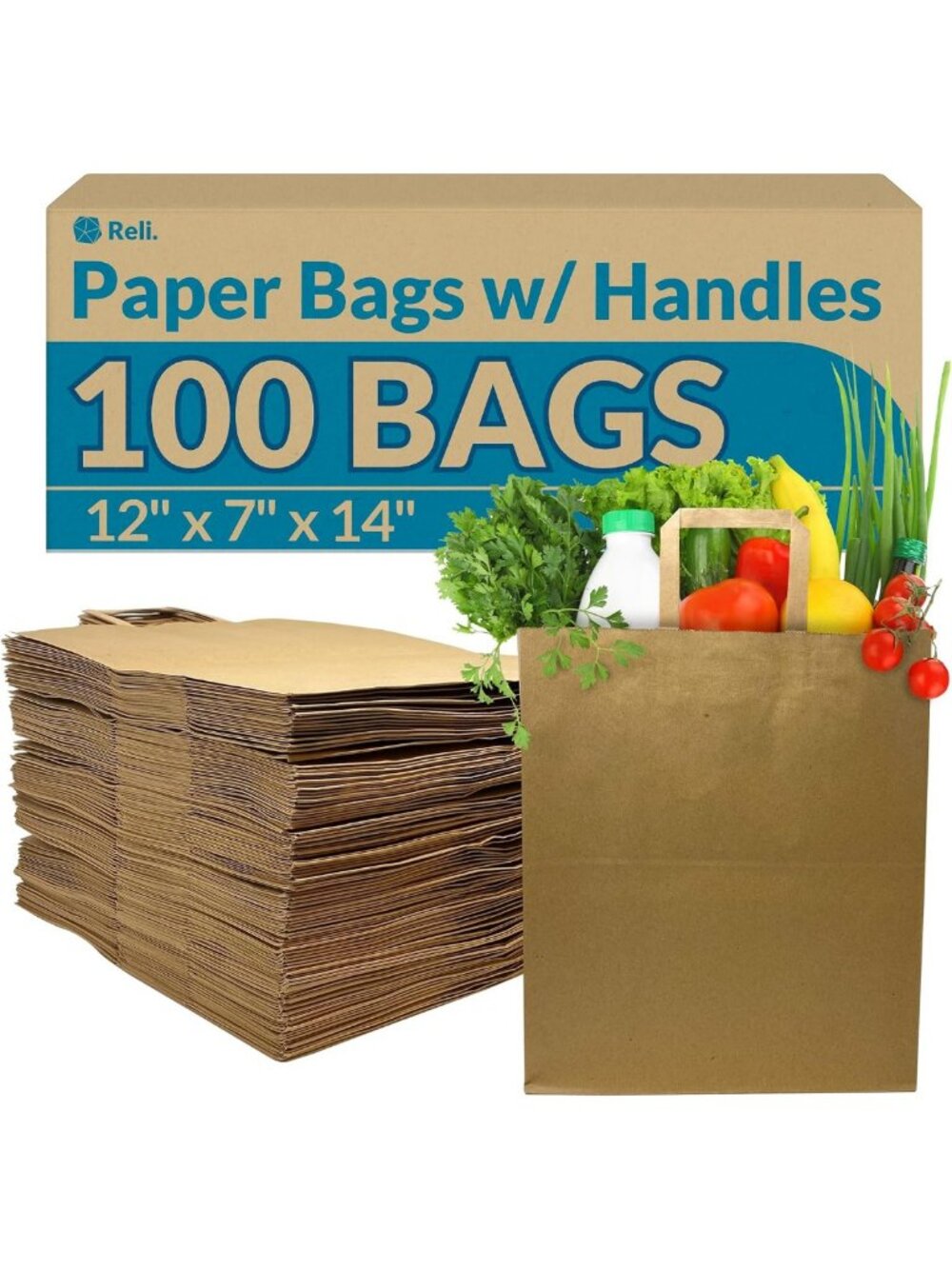 Eco-Friendly Paper Grocery Bags with Handles | 100 Bulk Pack | 12"x7"x14